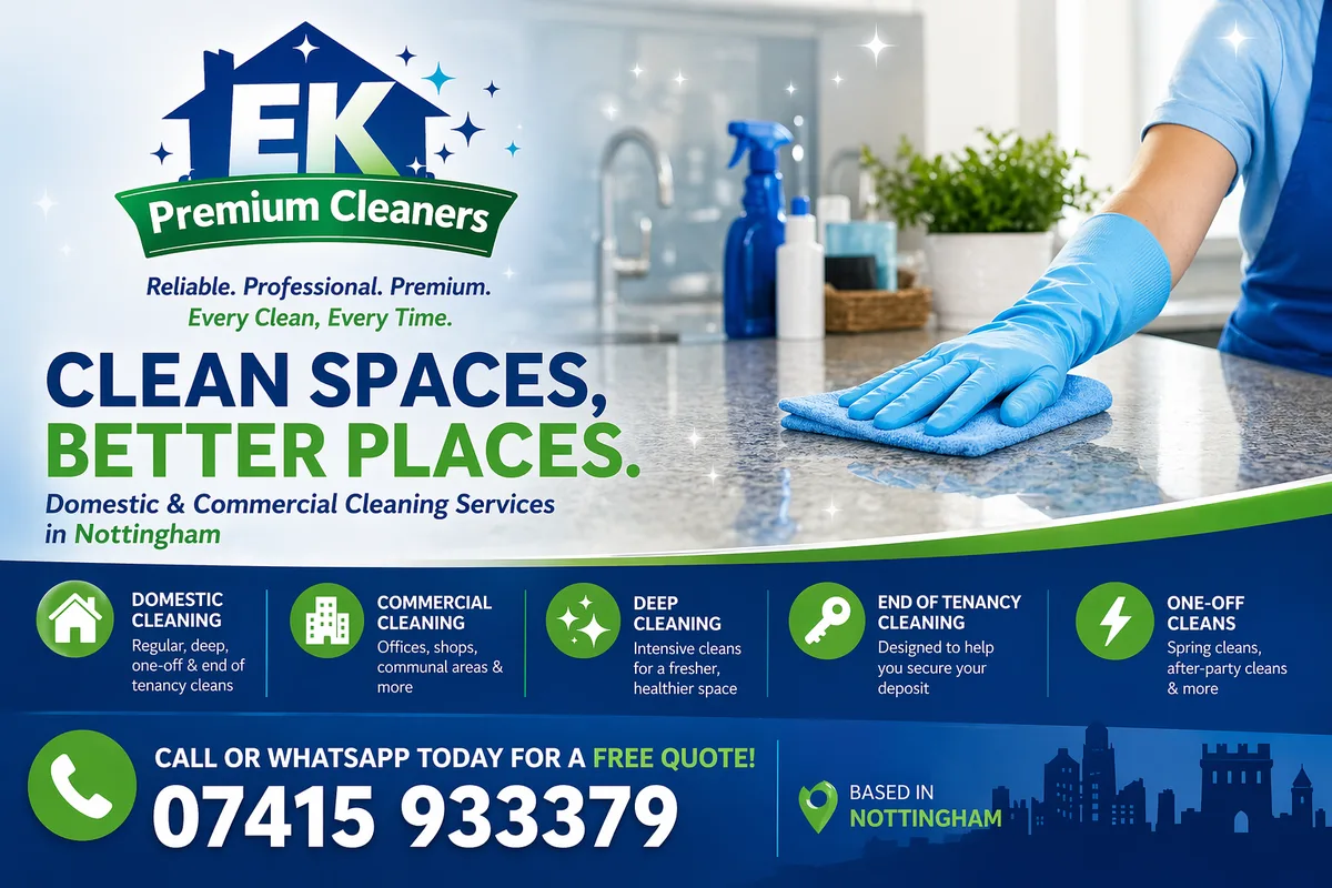 EK Premium Cleaners flyer showing domestic and commercial cleaning services in Nottingham